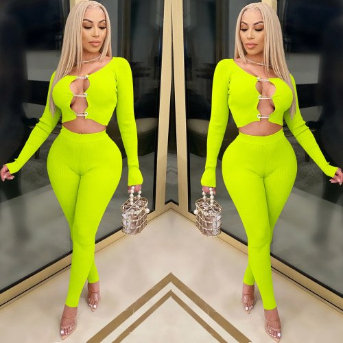 C3760 Summer Autumn Women Two Piece Set Long Sleeve Solid Color Hollow Out Sexy 2 Piece Set  Tracksuit Women