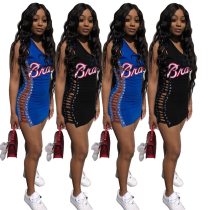 2HR8009 Summer Women Sexy Dress Letter Print  Holllow Above  Vestidos Plus Size