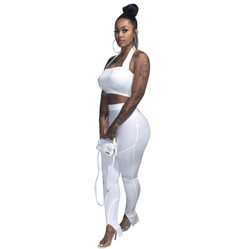 11TS1103 Summer fashion sexy new women's wear solid color neck and bra + Split Leg pencil pants suit outfits for women