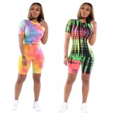 443996  Summer Women Casua  Two Piece Set Top and O-neck Tie-dyed Print Pants Tracksuit Sweatsuit Outfits