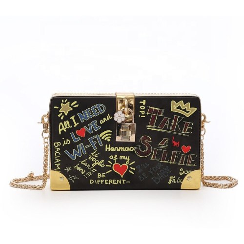 Popular Letter Graffiti Box Design Female Pu Leather Women's Party Clutch Bag Shoulder Bag Handbag Crossbody Messenger Bag Flap