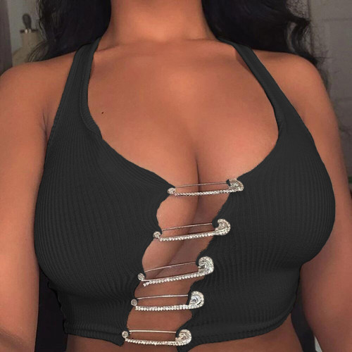 2021 summer black casual backless crop top shirts cut up sexy safety pin hollow out halter tank top women