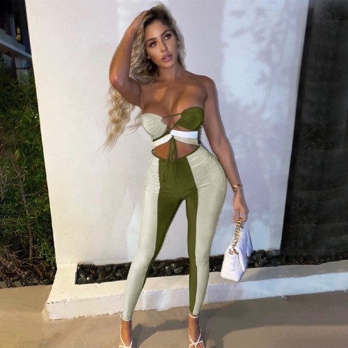 2021 New Design Women Casual Contrast Color Patchwork Backless Strapless Lace Up One Piece Jumpsuits
