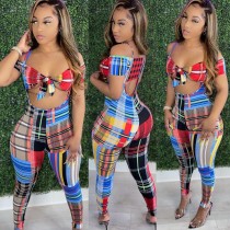 New Women's Clothing Fashion Casual Sleeveless Plaid Crop Top Suits For Women Sexy Suspended Jumpsuits Hollow Out Two Piece Set