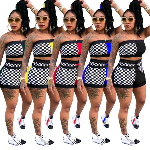 2021 Plaid Tube Top Two Piece Pants Set Summer Outfits Women Clothing Two Piece Short Set