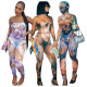 2021 wholesale sexy night club ladies one piece off shoulder print strapless contrast color women jumpsuit