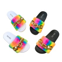 2021 summer metal buckle ladies slippers Rainbow plush flat casual shoes brand womens sandals