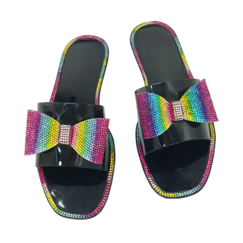 2021 Wholesale Summer Colorful Bling Bling Bow Light Weight Slipper Rhinestone Lady Transparent Jelly Sandals