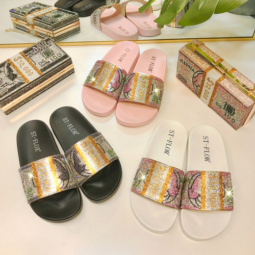 2021 Wholesale Colorful Diamond Dollar Shoes Female Girl Slippers Outdoor Rhinestones Flip Flops Bling