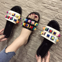 Elegant Women's Sandals Hot Selling European And American Fashion Contrast Color Water Diamond Slippers Flat Mules Shoes Women