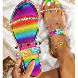 2021 new designer rhinestone peep toe flat sandals for women bling ladies trend flat heel slippers