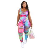 2021 wholesale plus size Casual Rompers Sleeveless Bodysuit Hollow Out Tie-Dye  Sexy Bodycon One Piece Women Jumpsuit
