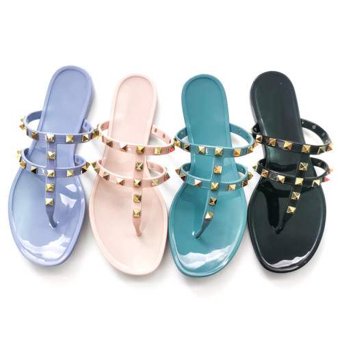 Blet Slippers Ladies Casual Flat Outdoor  Summer Woman Sandal Rivet Flip Flops Double Jelly Slippers