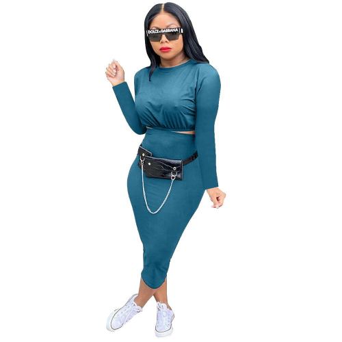 2021 Autumn Solid Two Piece Skirt Set Women Clothing Casual T-Shirt 2 Piece Skirts Set for Ladies