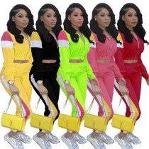 2021 Ladies stitching color  long-sleeved contrast color set sports and leisure two-piece sets suit