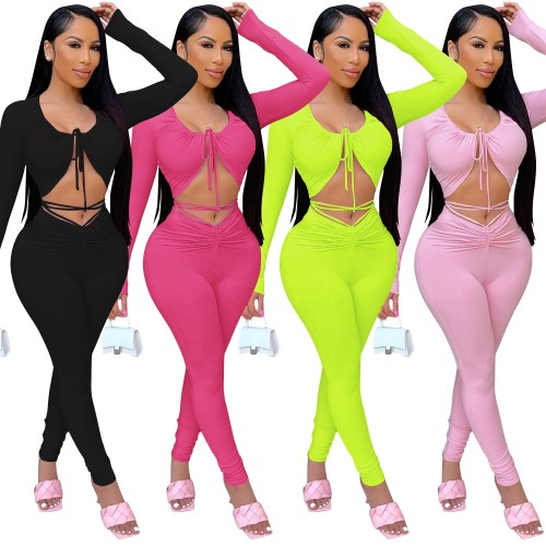 2021 Autumn Women Clothing Solid Color U Neck Long Sleeve Bandage Hollow Out Tops And Ruched Long Pants 2 Piece Set Clothes