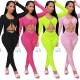 2021 Autumn Women Clothing Solid Color U Neck Long Sleeve Bandage Hollow Out Tops And Ruched Long Pants 2 Piece Set Clothes