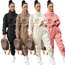 2021 Wholesale  high collar custom logo clothing cozy set plush two piece set winter clothes for women