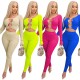 2021 New Fashion Hollow Out Women Outfits Brooch Sexy Two Piece Ribbed Long Sleeve Hole Crop Top Pencil Pants women Set Club