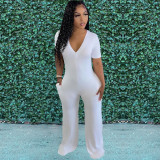 Women Patchwork Jumpsuit Casual V neck Pocket Sports Wear Wide Leg Jumpsuit