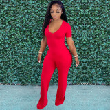 Women Patchwork Jumpsuit Casual V neck Pocket Sports Wear Wide Leg Jumpsuit