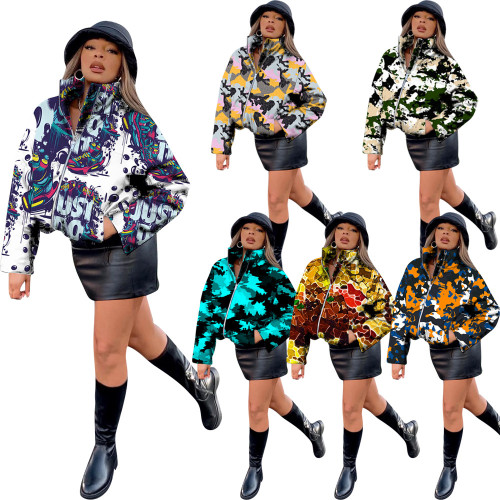 New style arrives women coats plush pocket long sleeve printed zipper women coat