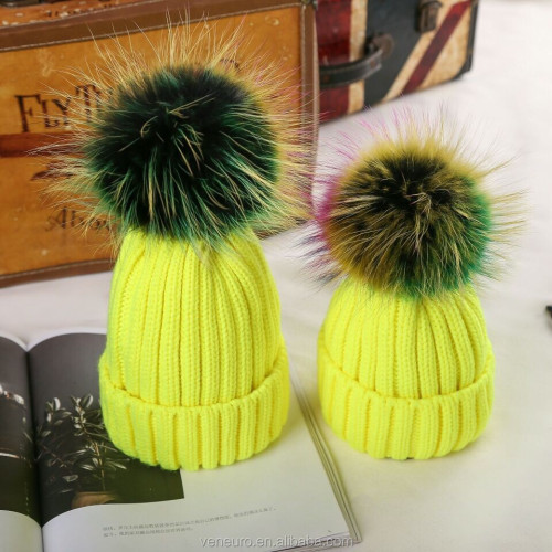 Big raccoon fur ball knitted wool hat women and kids knit beanie cap winter pom poms hats