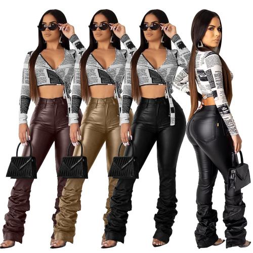 2021Wholesale Fashion Winter Autumn Fall PU leather  Ruched Bottoms for Ladies Sexy Club Fashion Pant