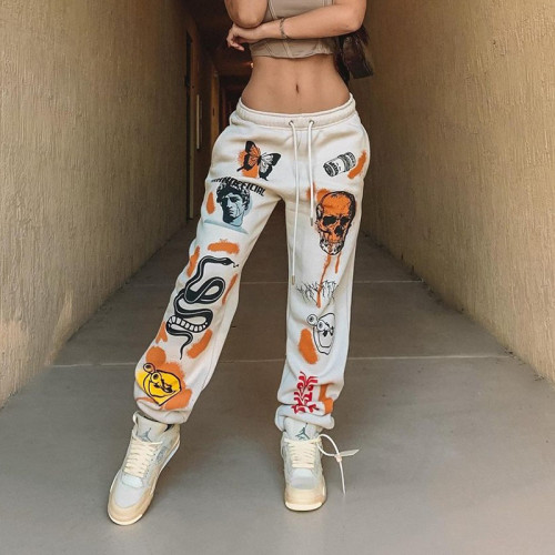 wholesale ladies Europe and the United States trend autumn and winter model street multi-pattern printed straps thick warm casual pants