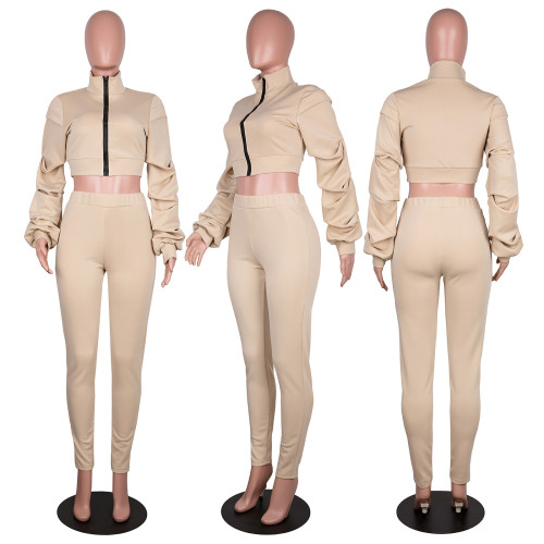 Wholesale  women 2 piece winter set solid color outfits stacked sleeve women winter clothing