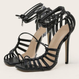 2021 ​ High Quality  Women Lace Up Square Toe Solid Heels For Ladies Trendy  Heels