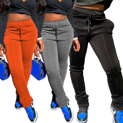 2021 Wholesale fashion street solid color high waist tight sweatpants small pants