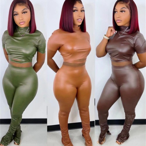 Winter Women Pu Leather Two Piece Set Solid Color Tracksuit Has Stretch High Street Clothes For Women Outfit