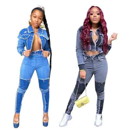New 2021 Active Wear Women Denim Patchwork Jackets Jeans Pants Suit Tracksuit Two Piece Matching Set Fitness Outfits