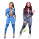 New 2021 Active Wear Women Denim Patchwork Jackets Jeans Pants Suit Tracksuit Two Piece Matching Set Fitness Outfits