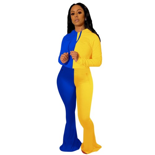 Patchwork Sweatpants and Hoodie Set Women Fall Winter Clothings Drawstring Hooded Long Sleeve Top + Bell-bottom Pants 2 Pcs Sets