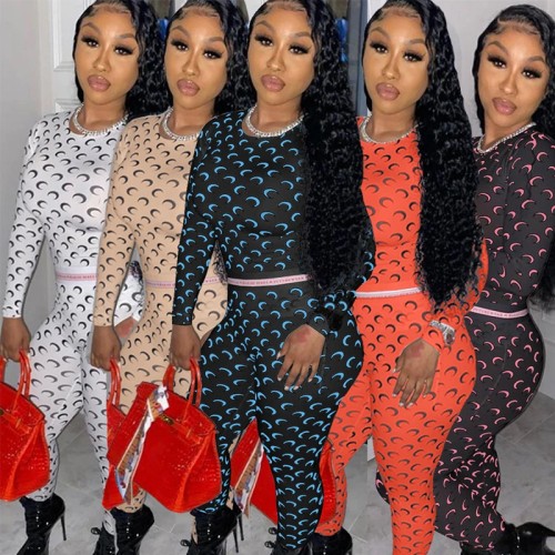Two Piece Set Women Long Sleeve Crop Top and Pants Bodycon Streetwear Cute Pattern Print Sets Womens Outfits Matching Set