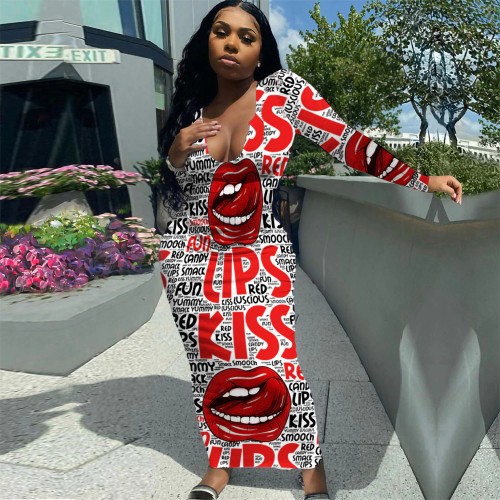 Sexy V Neck Tank Long Sleeve Dress Fashion Letter Print  kiss Lips  Dresses Summer Maxi Long Sundresses Vaction Y2k Clothes 2021