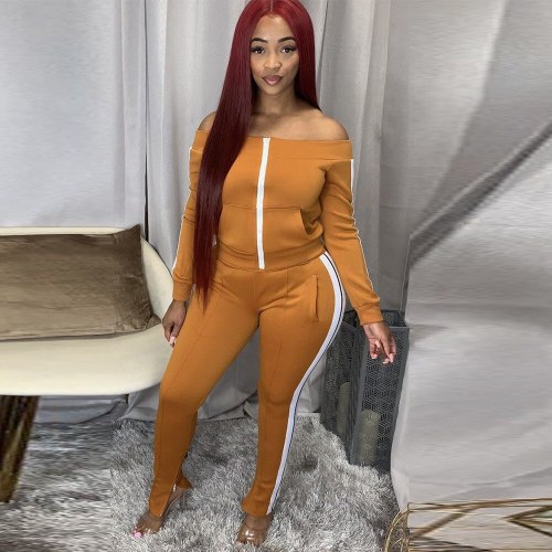 Color Block Patchwork Two Piece Sport Suit Women Slash Neck Full Sleeve Coat + Jogger Sweatpant Off The Shoulder Matching Set
