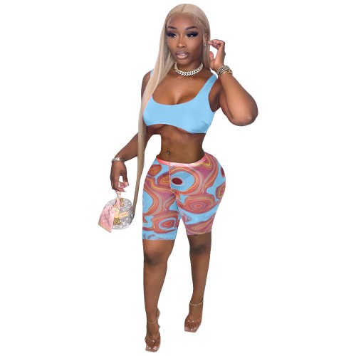 Women Fitness Summer Suit Sport Tracksuit Solid Vest Crop Top Fashion Print Shorts Athletic Yoga Two Piece Set Outfit Matching