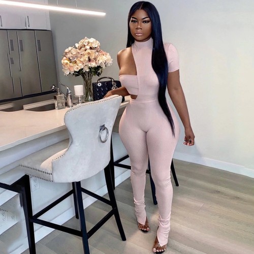 Casual One Shoulder Knit Rib Body Romper Women Jumpsuit Sexy Hollow Out Short Sleeve Slit Hem Flare Pants Slim Jumpsuit Women