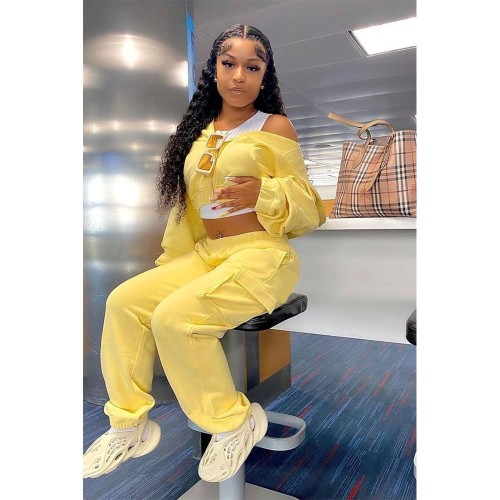Fashion Solid Personalized Side Pockets Tracksuit Women Casual Sporty Zipper Hooded Crop Top + Sweat Pants Two Piece Set Autumn