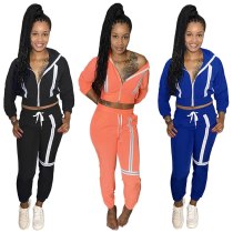 Striped Tracksuit Women Casual Sportswear Fitness Solid Zipper Long Sleeve Hooded Top + Sweat Pants Slim Two Piece Set Outfits