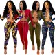 Sexy Deep V Neck Cross Lace Up Two Piece Set Fall Clothes for Women Vintage Print Crop Top + Pants Suit Club Party Tracksuit Set