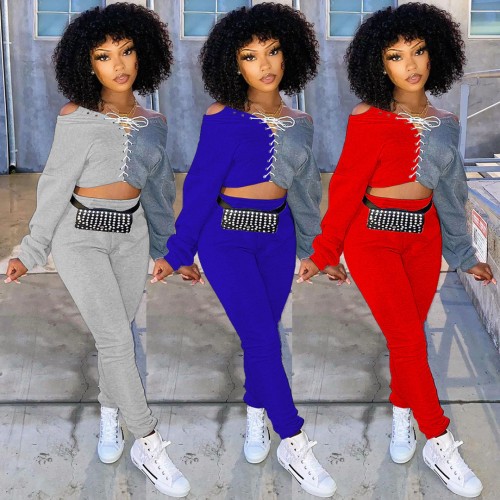 Casual Color Block Patchwork Grommet Lace Up Pullover Top + Sweat Pants Two Piece Set Women Sports Fitness Tracksuit Women Suit