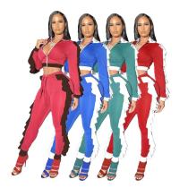 Fashion Streetwear Color Block Patchwork Ruffles Tracksuit Women Sexy Zipper Long Sleeve Top + Pants Suit Two Piece Set Jogging
