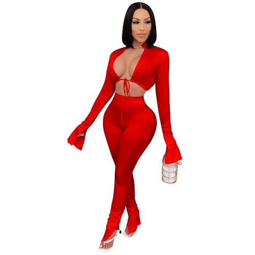 Sexy Autumn Two Piece Set Solid Deep V Neck Long Sleeve Crop Top High Waist Split Hem Pencil Legging Streetwear Women Outfits