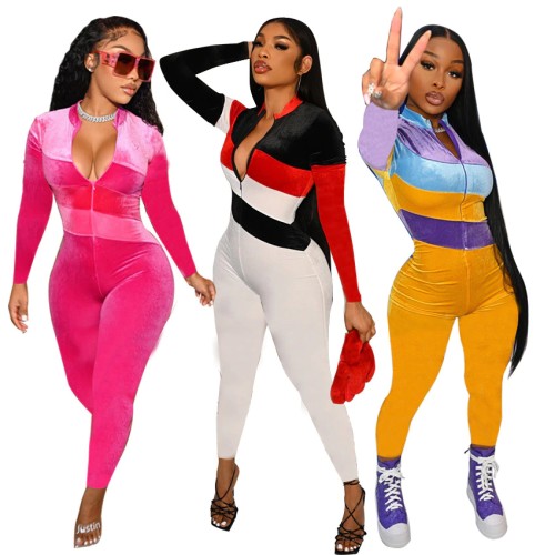 New Autumn Winter Color Block Patchwork Rompers Womens Jumpsuit Sexy Zipper Long Sleeve Pencil Pants Club Jumpsuit Women Outfits
