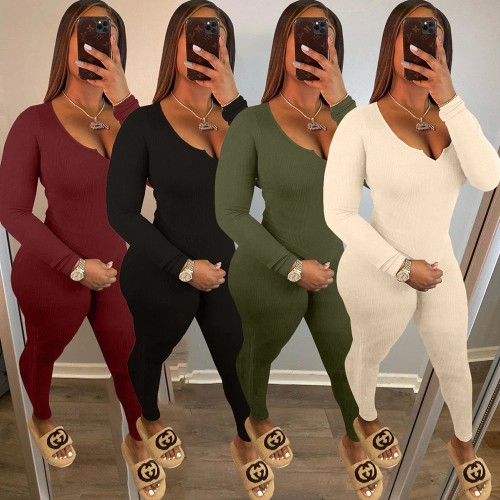 Ribbed Knitted Women's Sportswear Suit Cleavage Full Sleeve Slim Fit Crop Top and Stretchy Bodycon Legging Two Pieces Outfits