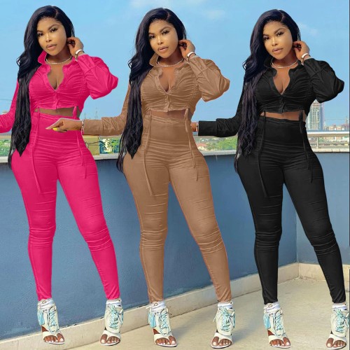 Tracksuit Women Sexy Drawstring Turn-down Collar Long Sleeve Crop Top + Pants Slim Two Piece Set Club Outfits Joggers Women